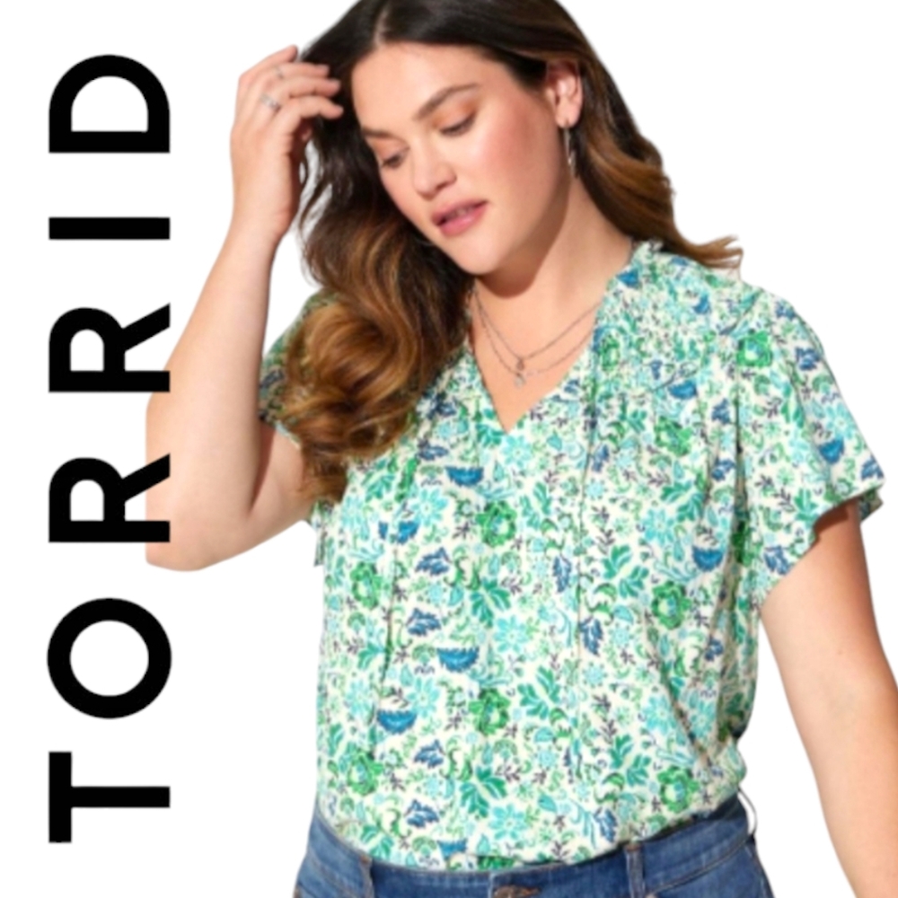 Torrid Blue Green Floral Smocked Tie Collar Ruffle Boho Short Sleeved Blouse
